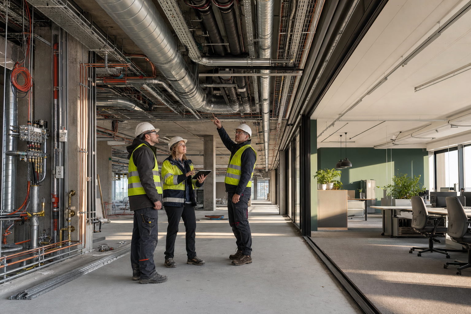 Drei TGA-Fachleute im Innenausbau mit sichtbaren Leitungen, Lüftung und angrenzenden Büroarbeitsplätzen.